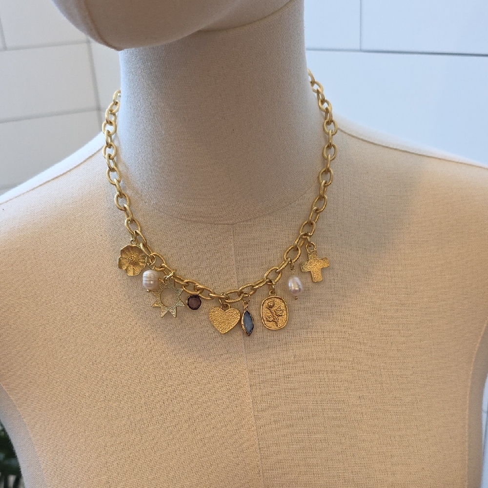 Gold Charm Necklace with Mixed Charms